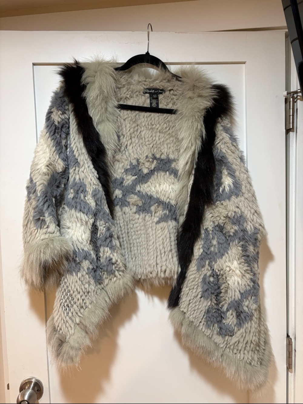 Elizabeth and James Cream and Gray Knit Fur Trim Cardigan